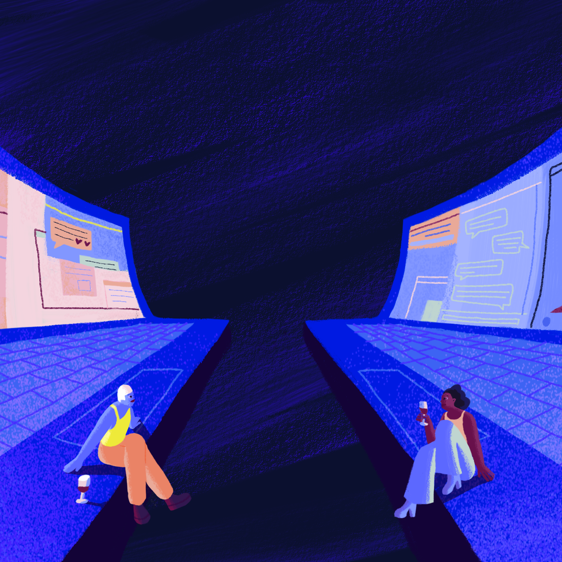 two people in a long-distance relationship chat over their laptops.